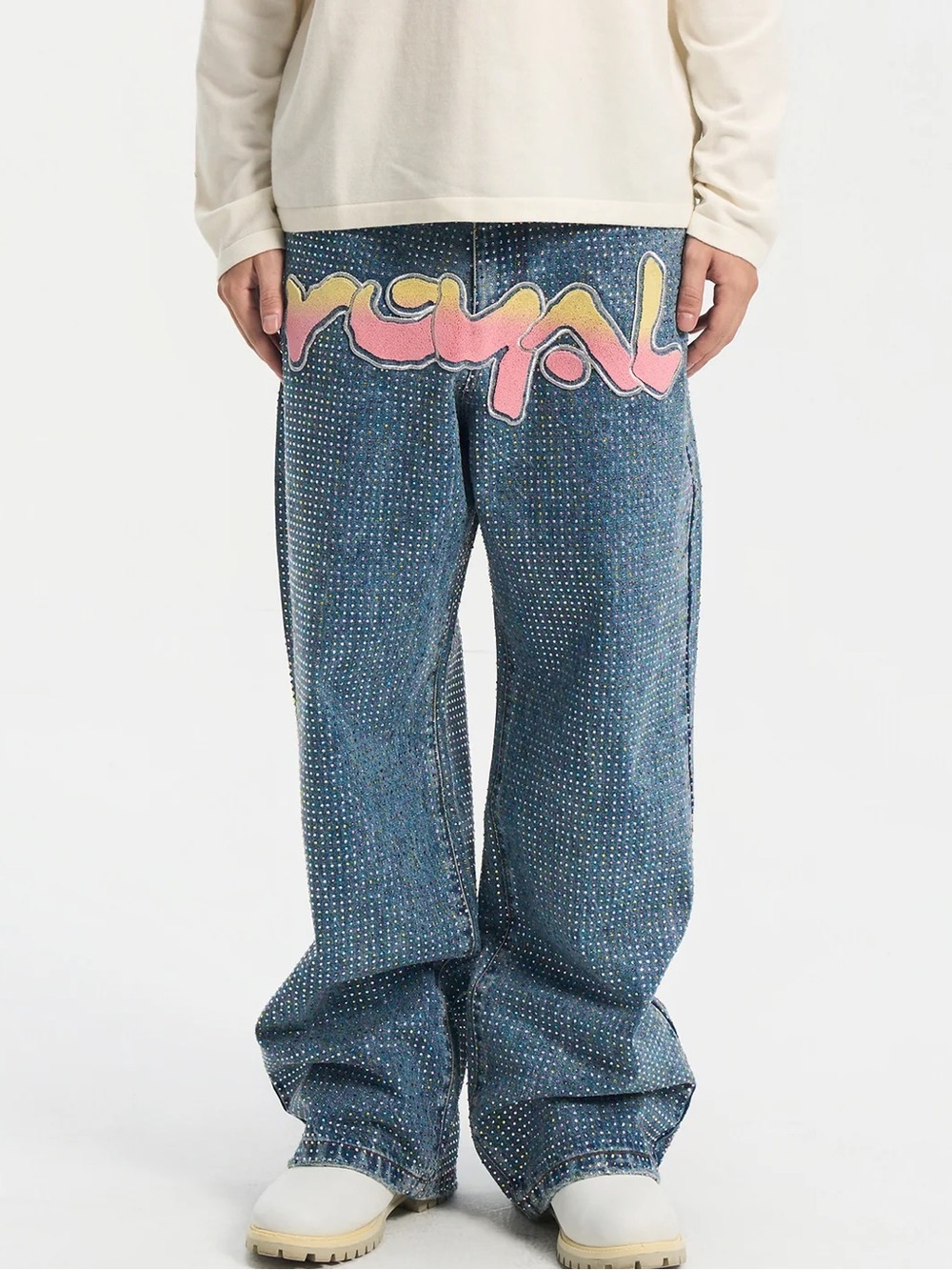 Embellished Blue Bootcut Jeans with Pink & Yellow Script